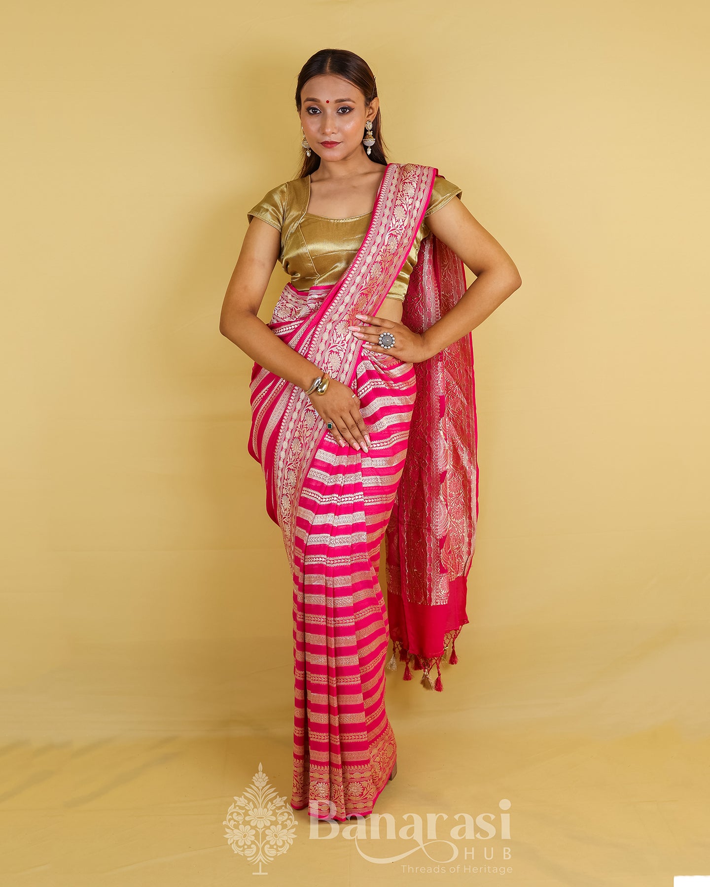 Hot Pink Handwoven Khaddi Banarasi Georgette Silk Saree