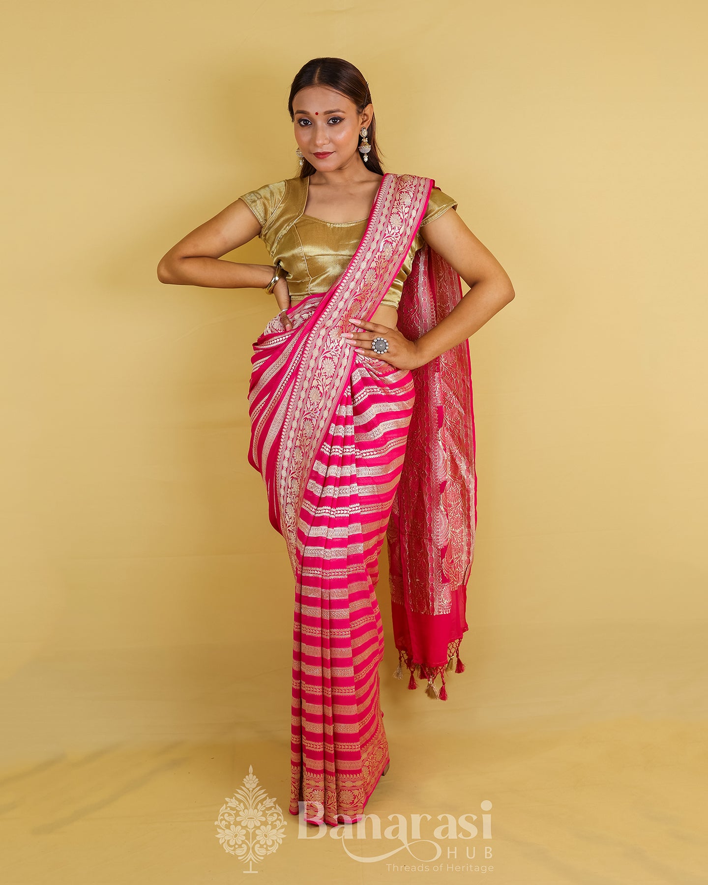 Hot Pink Handwoven Khaddi Banarasi Georgette Silk Saree