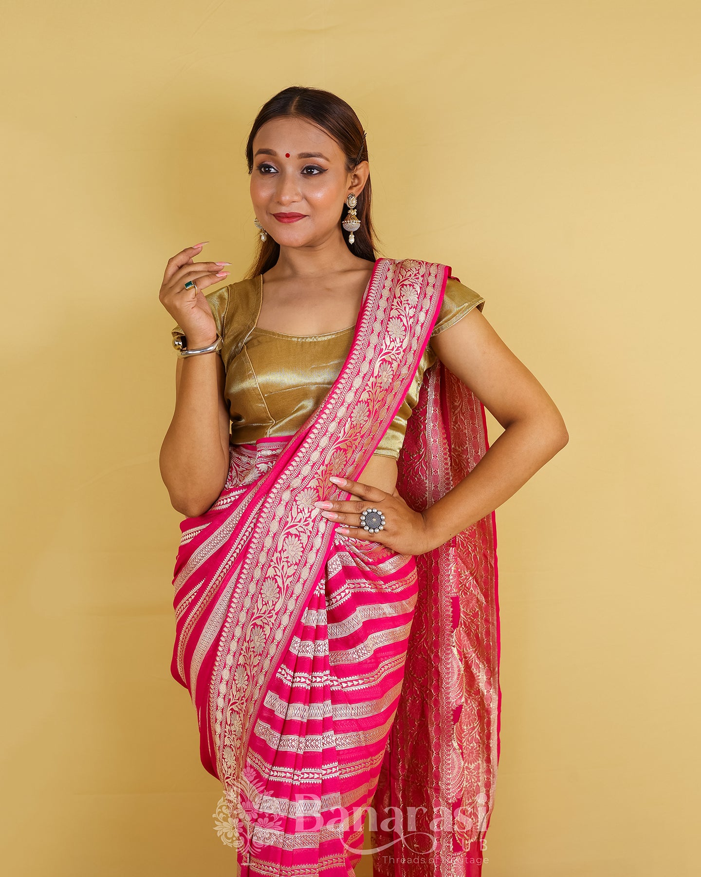 Hot Pink Handwoven Khaddi Banarasi Georgette Silk Saree