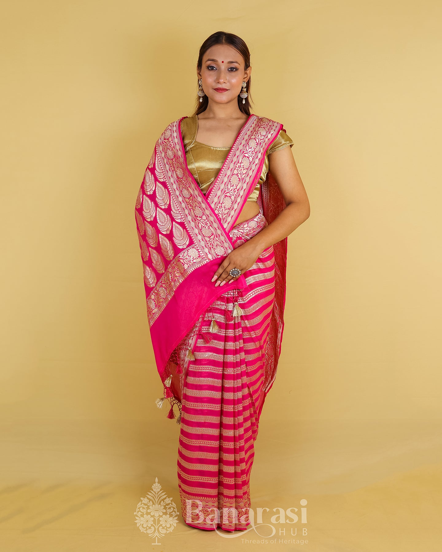 Hot Pink Handwoven Khaddi Banarasi Georgette Silk Saree