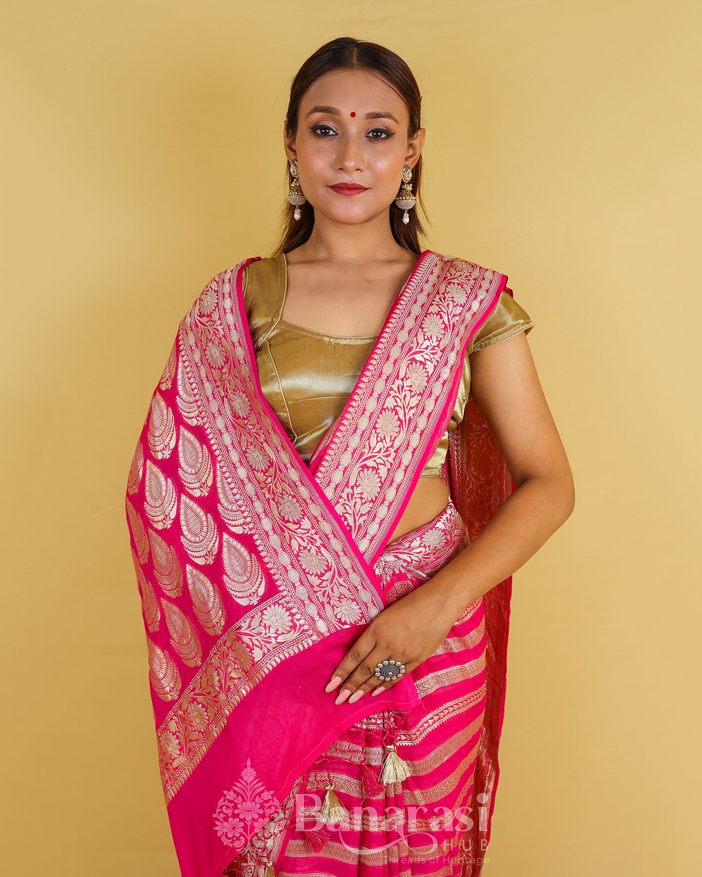 Hot Pink Handwoven Khaddi Banarasi Georgette Silk Saree