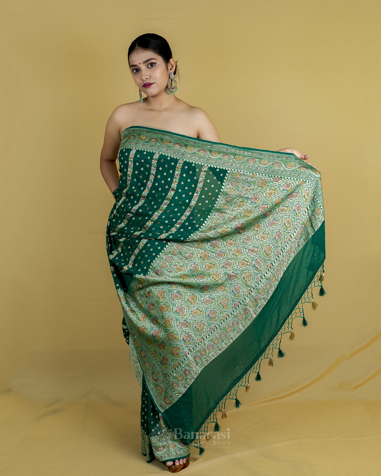 Deep Green Meenakari Khaddi Banarasi Georgette Silk Saree