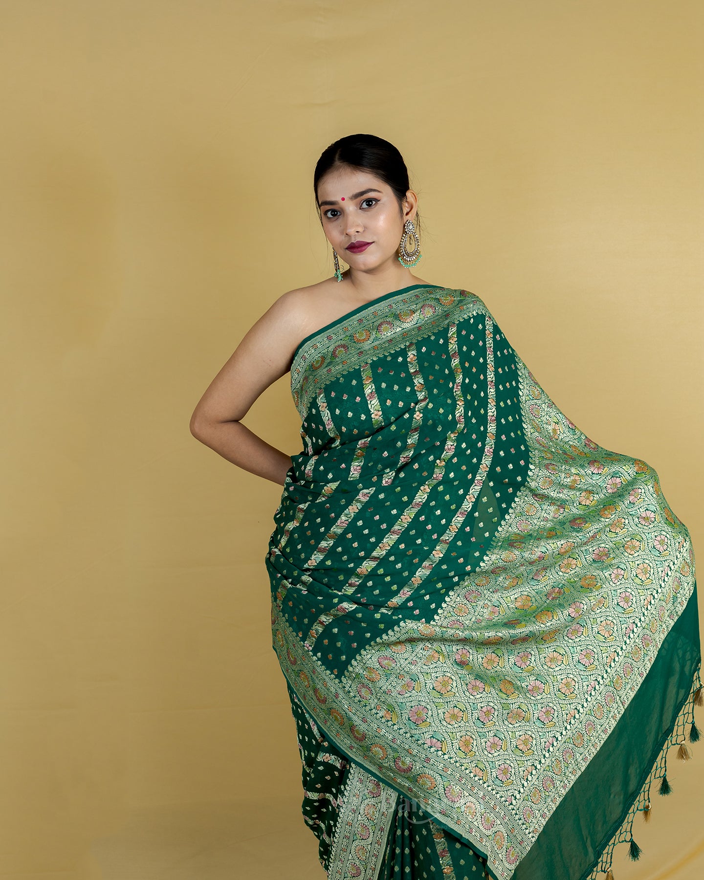 Deep Green Meenakari Khaddi Banarasi Georgette Silk Saree