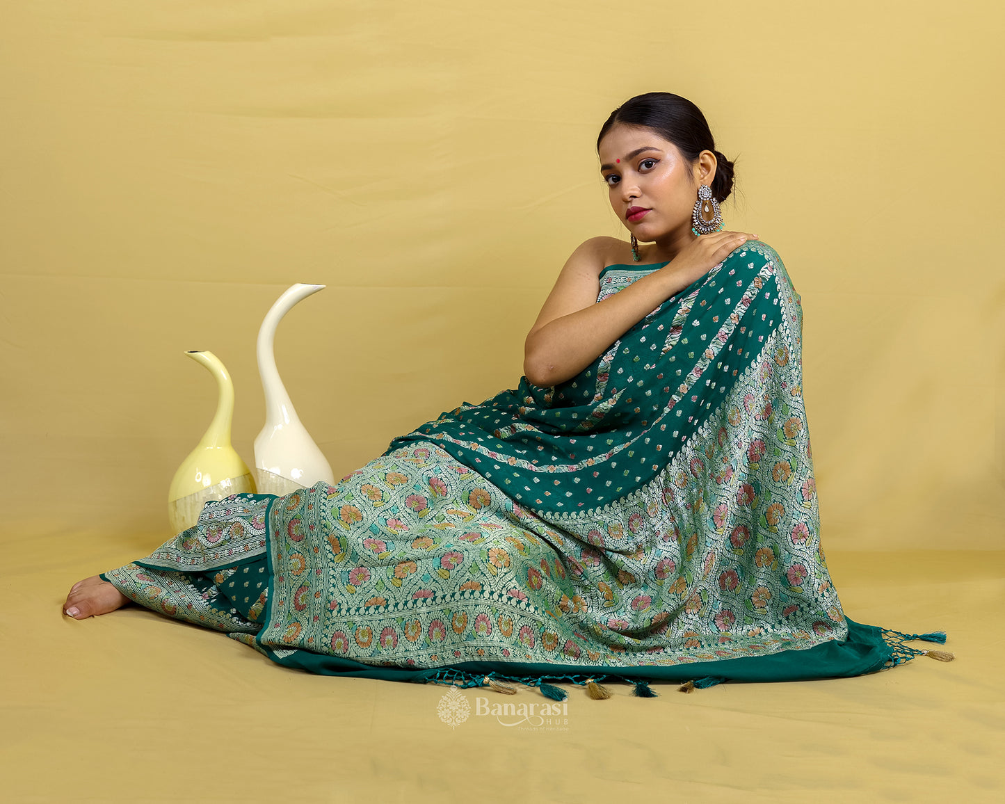 Deep Green Meenakari Khaddi Banarasi Georgette Silk Saree