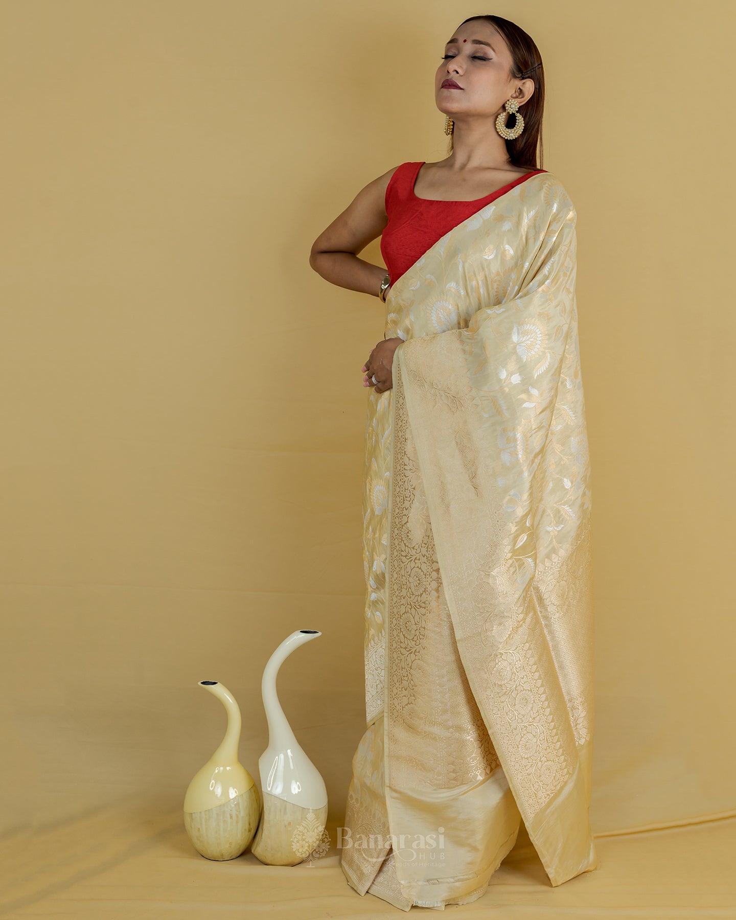 Beige Silver Gold Zari Katan Banarasi Silk Saree