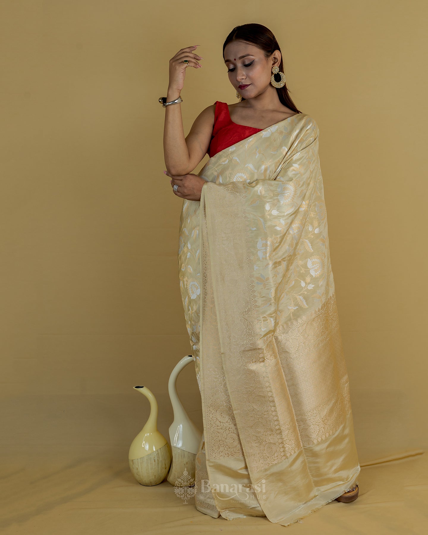 Beige Silver Gold Zari Katan Banarasi Silk Saree