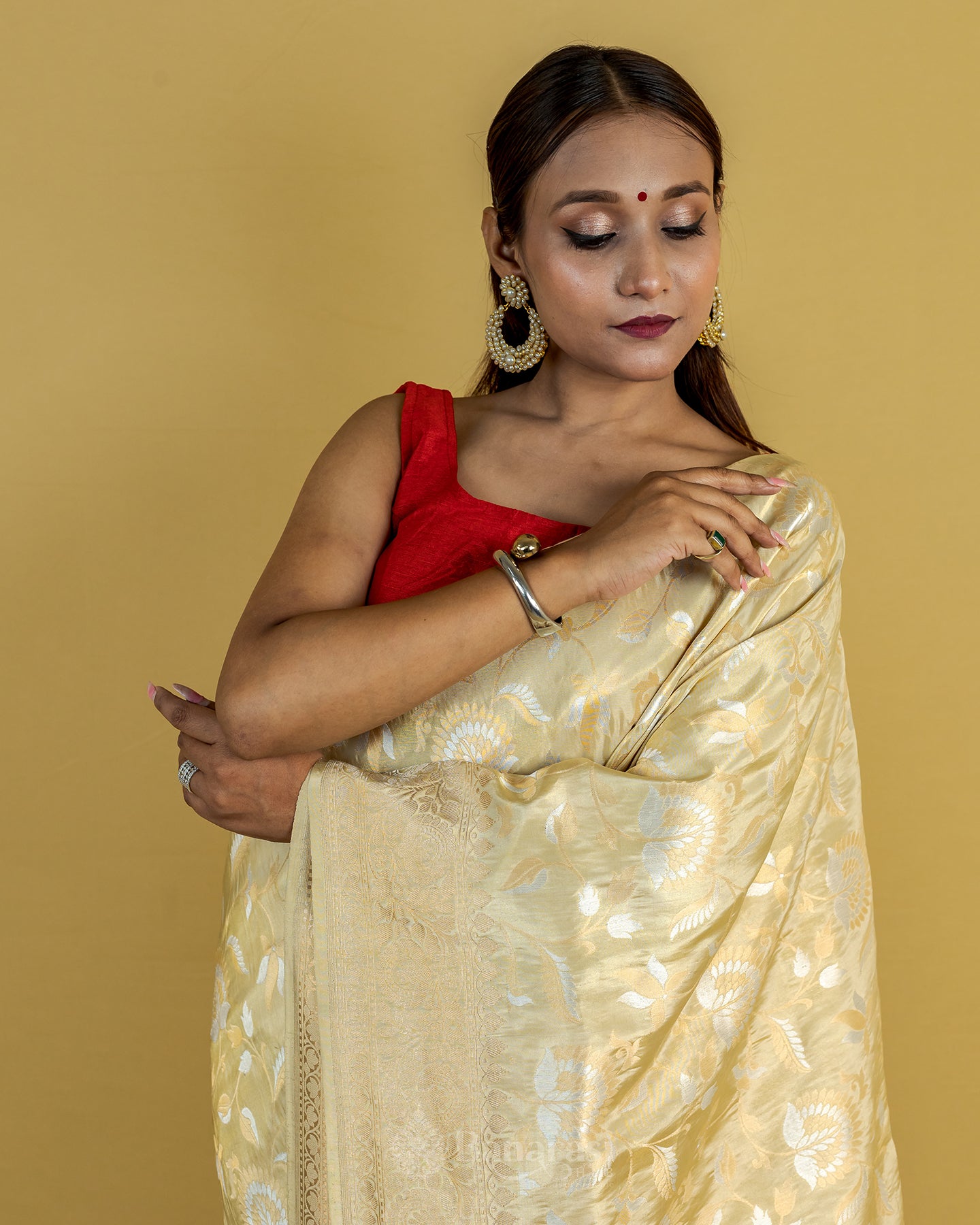 Beige Silver Gold Zari Katan Banarasi Silk Saree