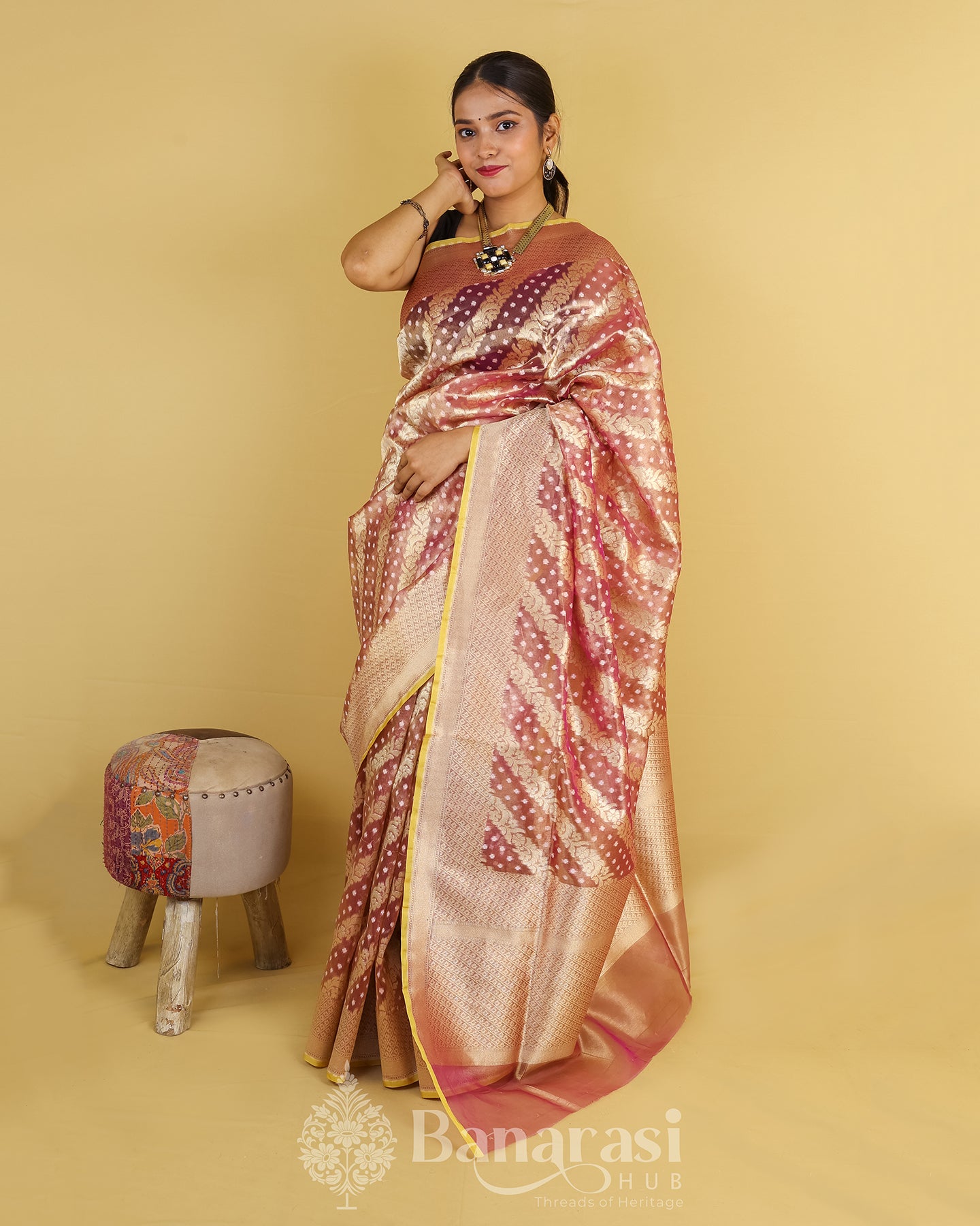 Golden Metallic Purple Tissue Banarasi Silk Saree