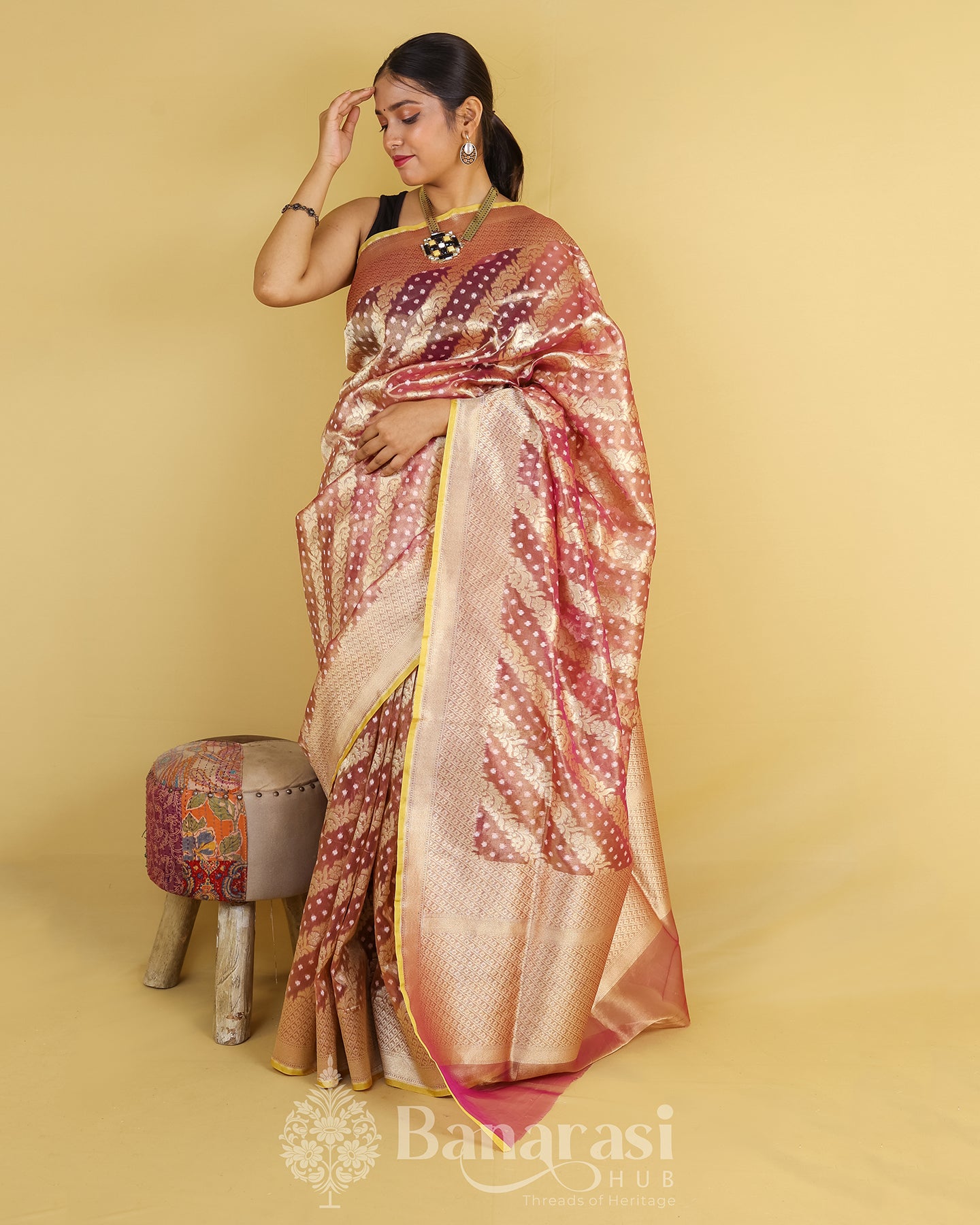 Golden Metallic Purple Tissue Banarasi Silk Saree