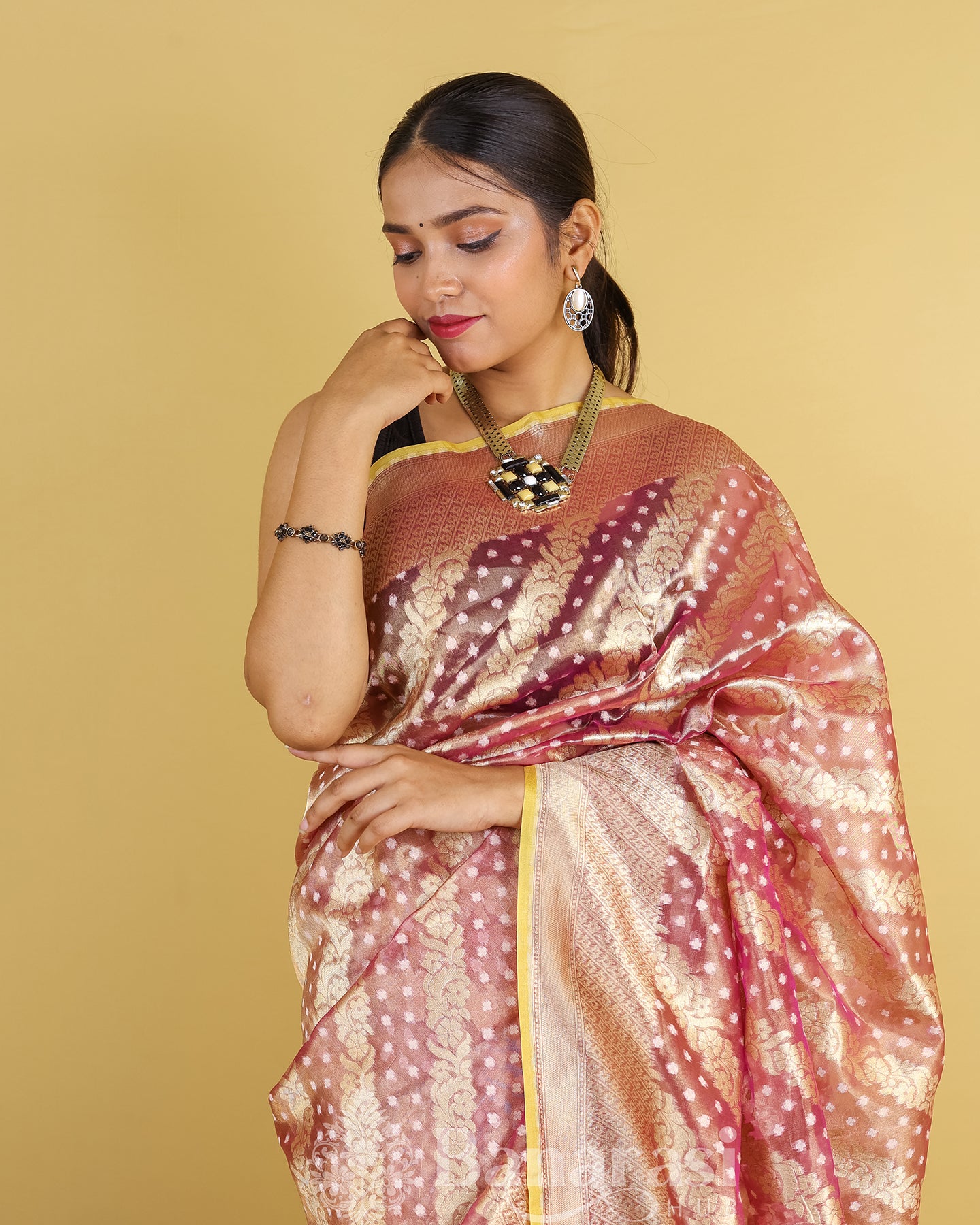 Golden Metallic Purple Tissue Banarasi Silk Saree