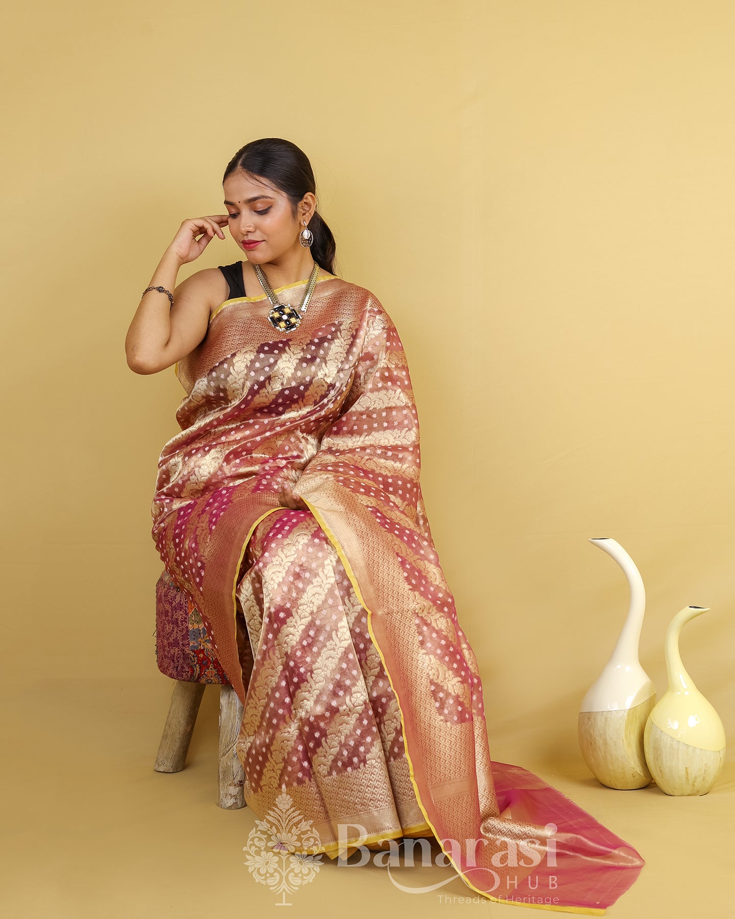 Golden Metallic Purple Tissue Banarasi Silk Saree