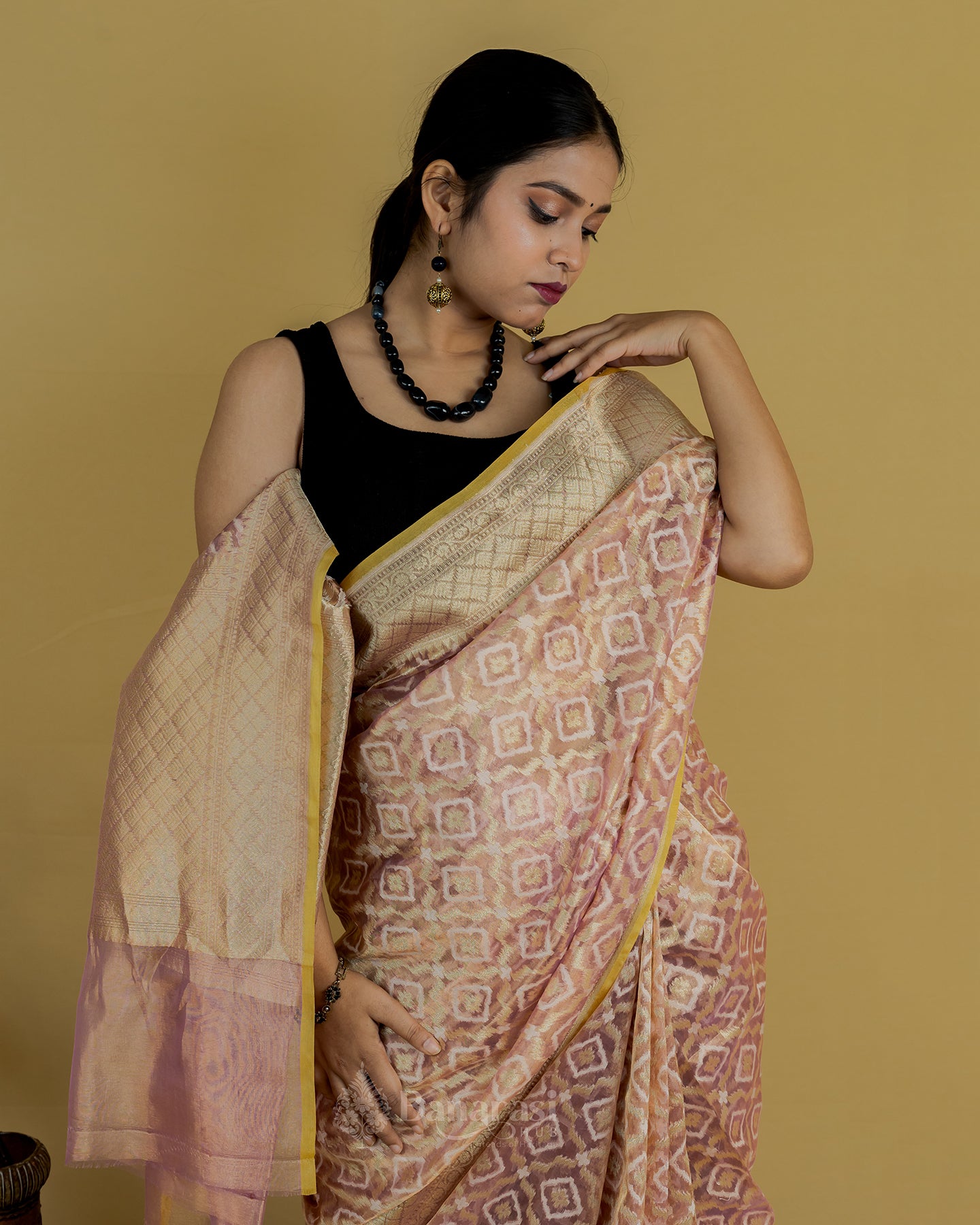 Golden Metallic Pink Tissue Banarasi Silk Saree