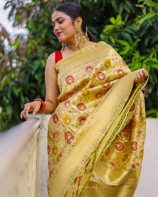 Beige Multi Resham Weaving Tissue katan Banarasi Silk Saree