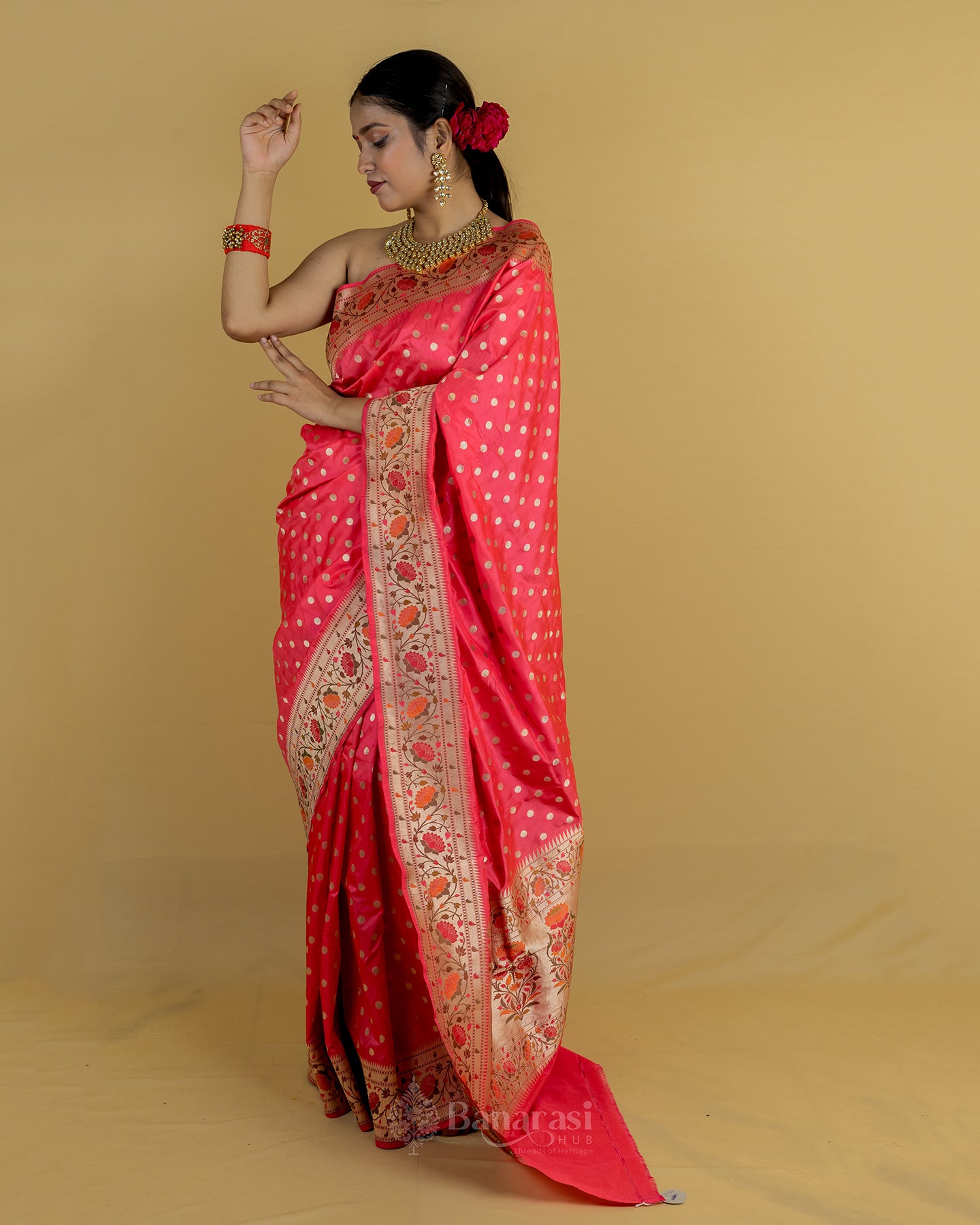 Peach Red Paithani Katan Banarasi Silk