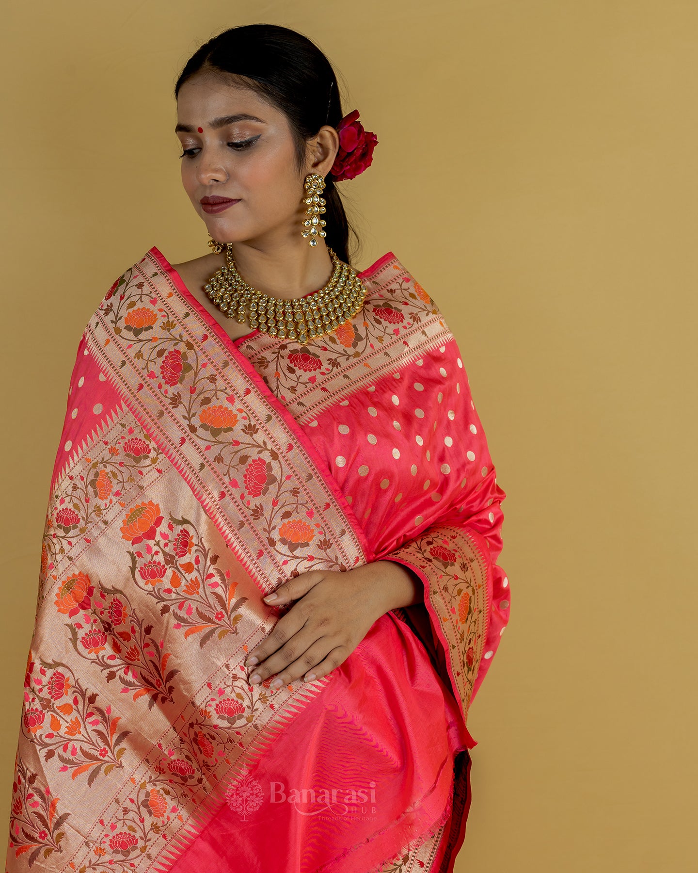 Peach Red Paithani Katan Banarasi Silk