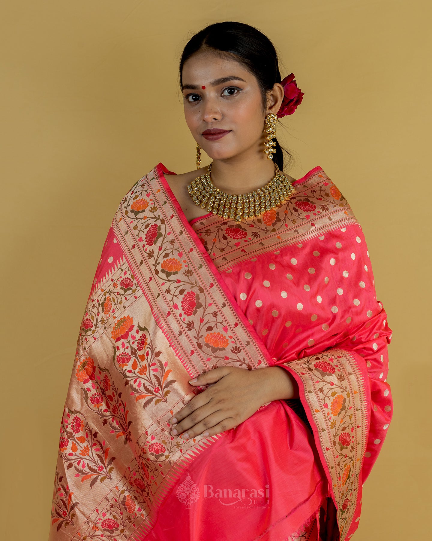 Peach Red Paithani Katan Banarasi Silk