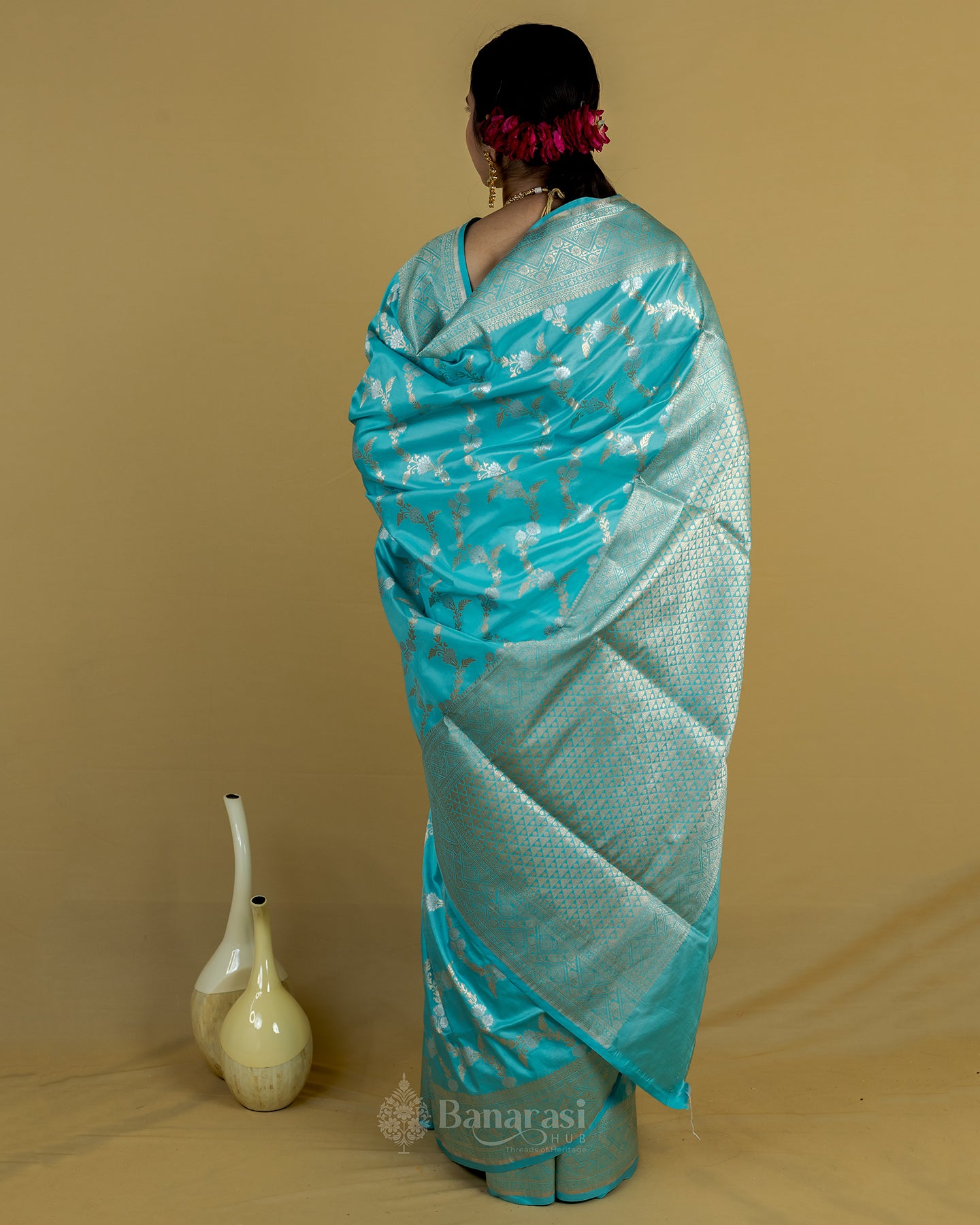 Sky Blue Sona Rupa Zari Floral Katan Banarasi Silk Saree