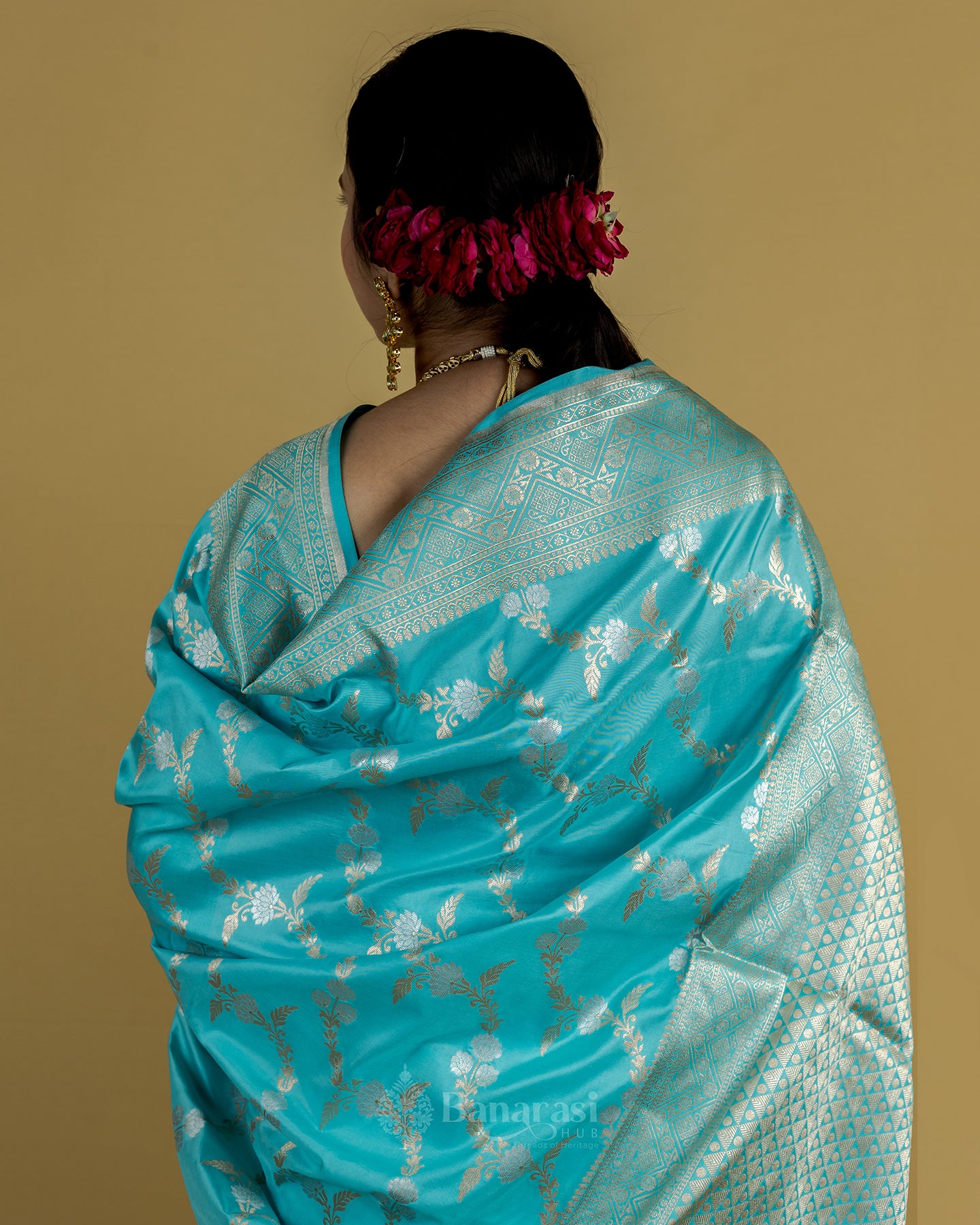 Sky Blue Sona Rupa Zari Floral Katan Banarasi Silk Saree