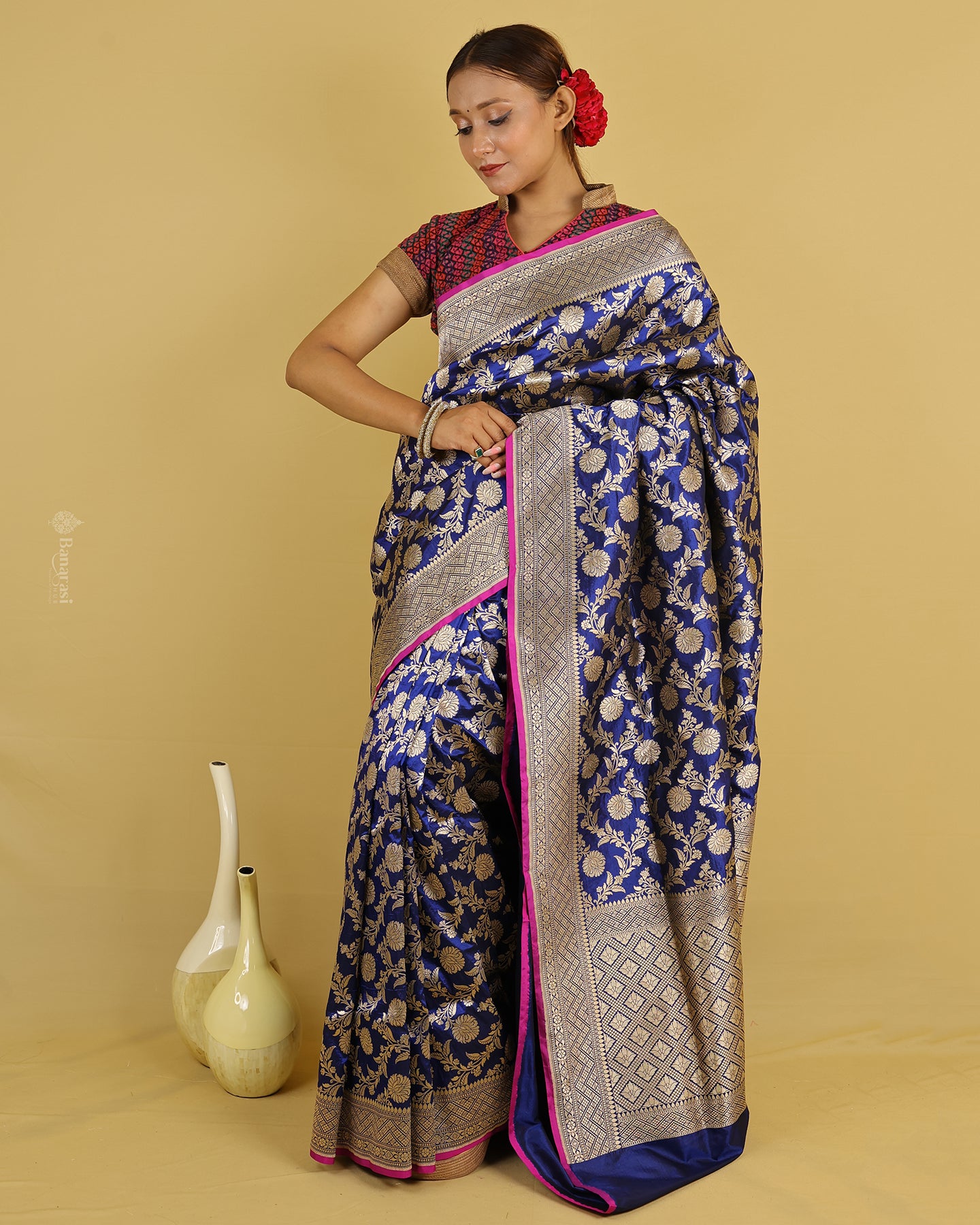 Ink Blue Floral Katan Banarasi Silk