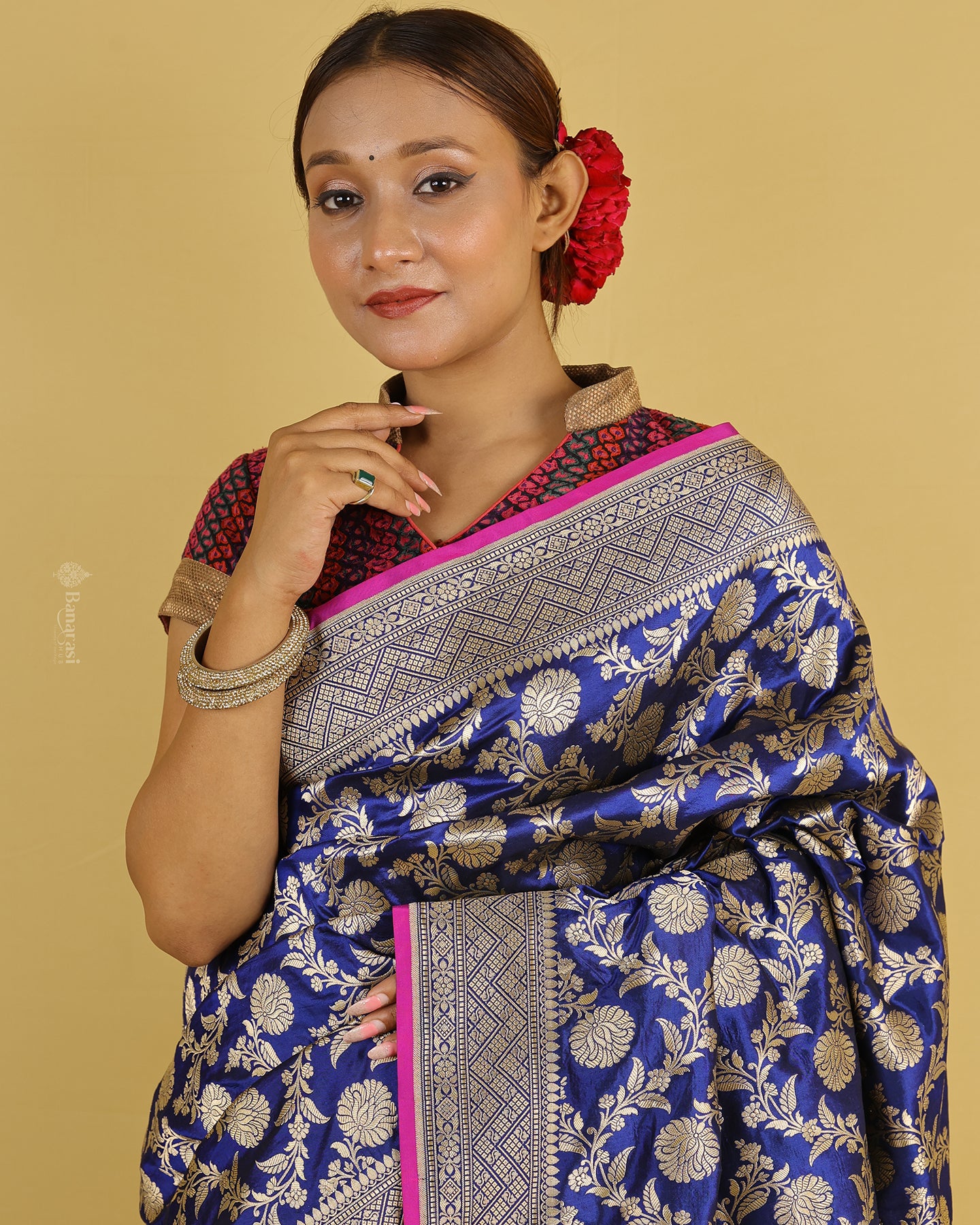 Ink Blue Floral Katan Banarasi Silk