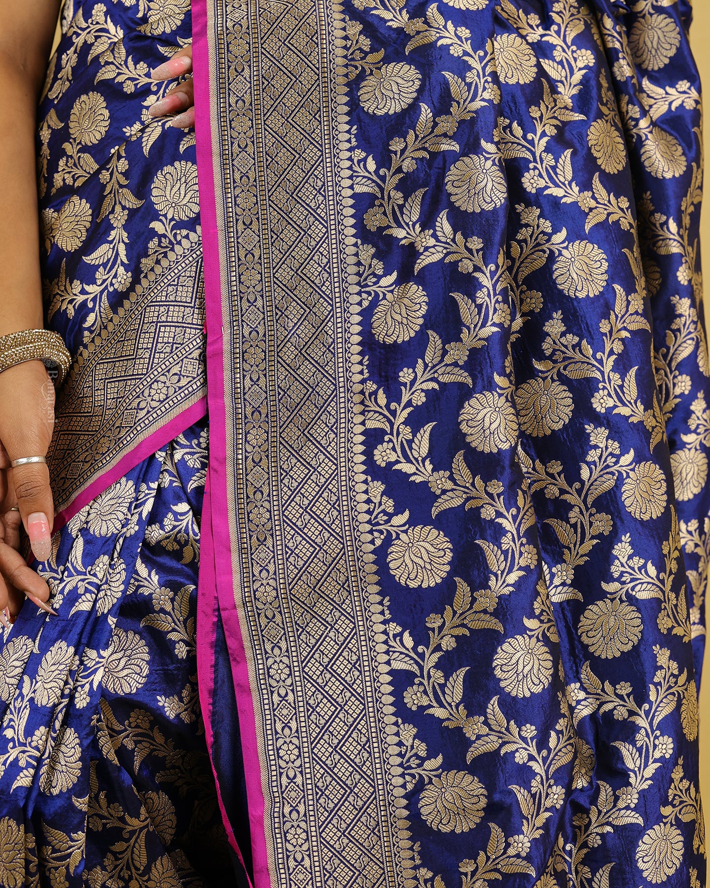 Ink Blue Floral Katan Banarasi Silk