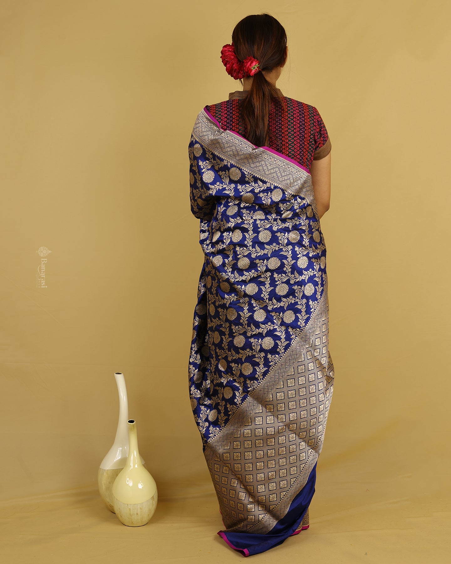 Ink Blue Floral Katan Banarasi Silk