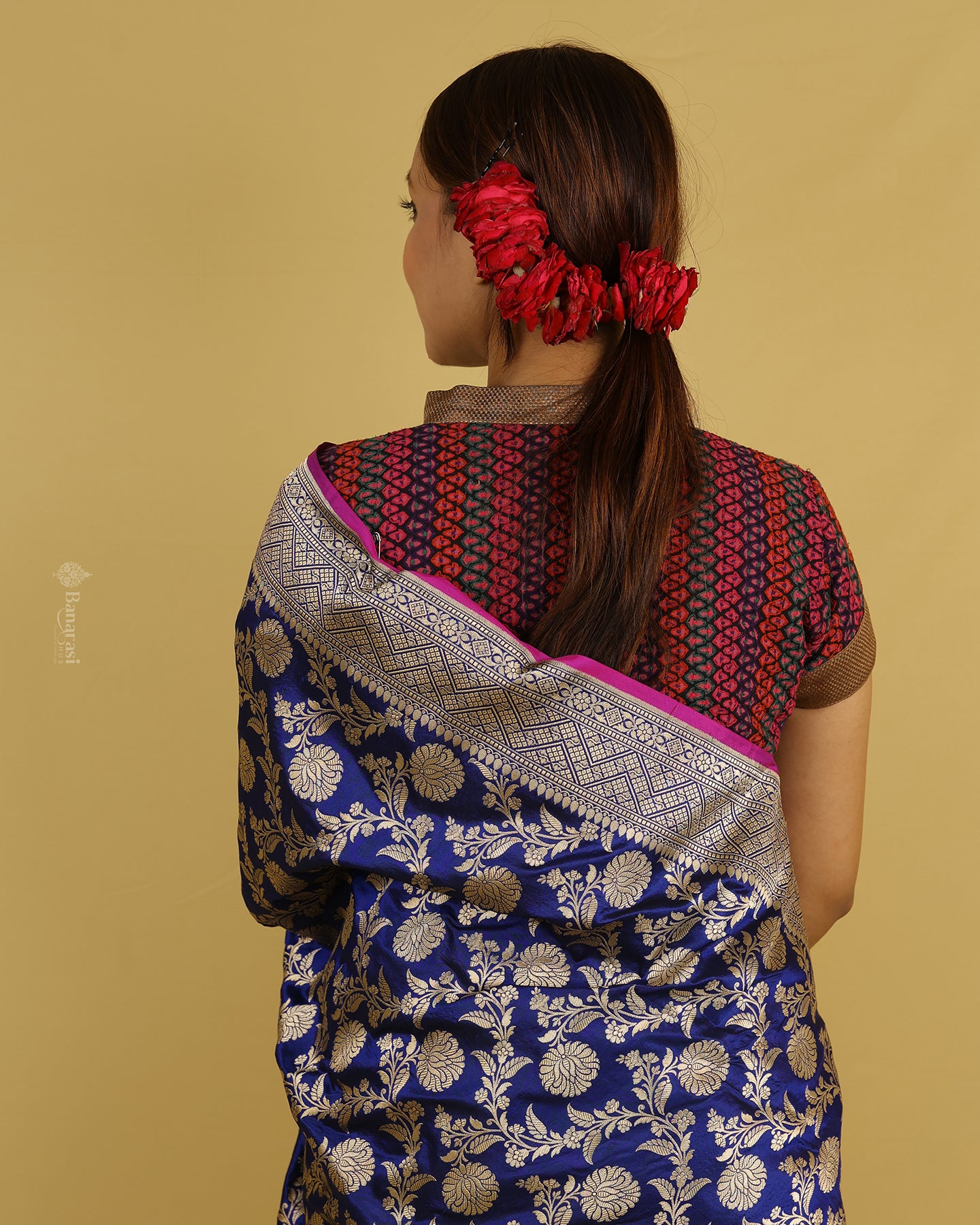 Ink Blue Floral Katan Banarasi Silk