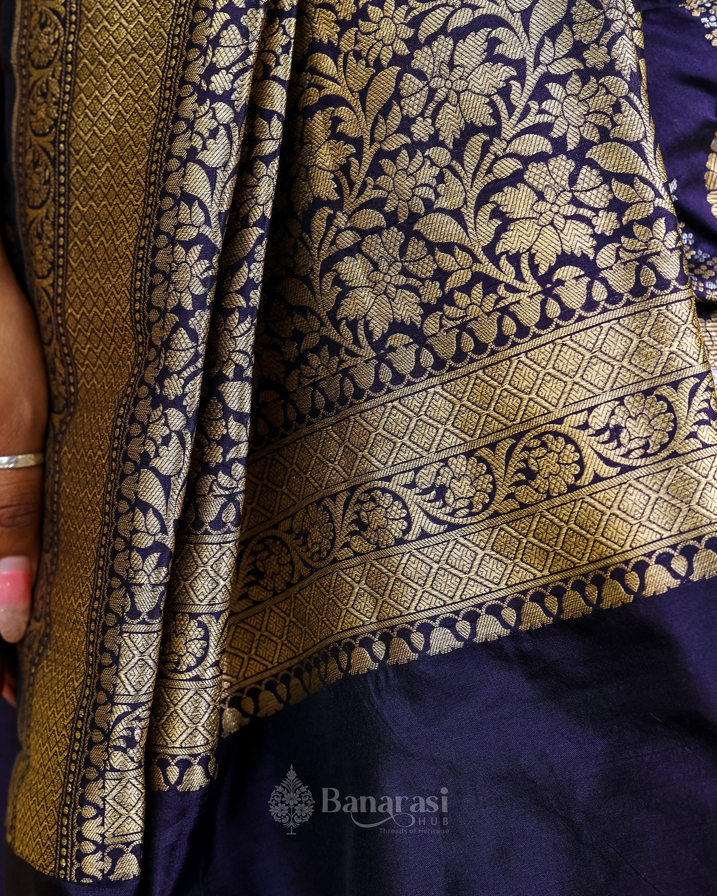 Navy Blue Floral Katan Banarasi Silk Saree