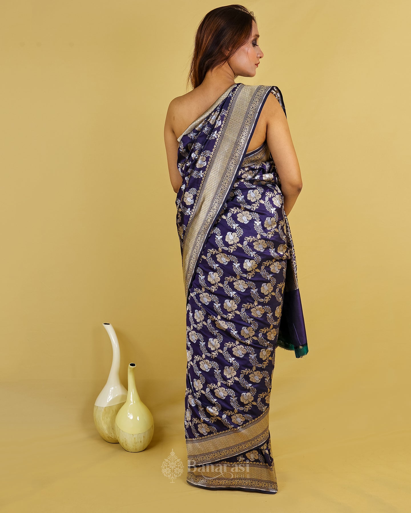 Navy Blue Floral Katan Banarasi Silk Saree