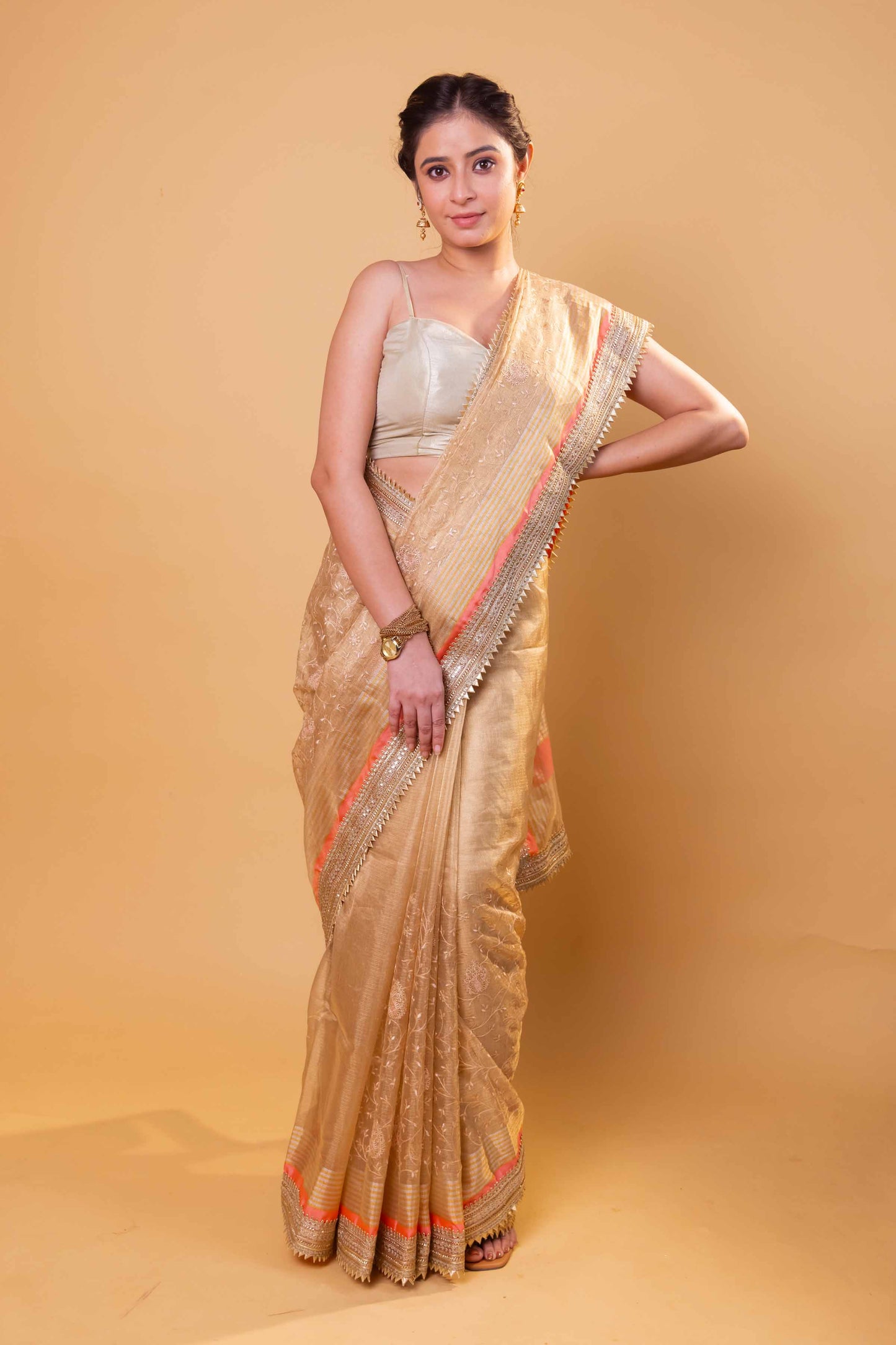 Beige Embroidered Tissue Silk Saree With Embroidery Lace