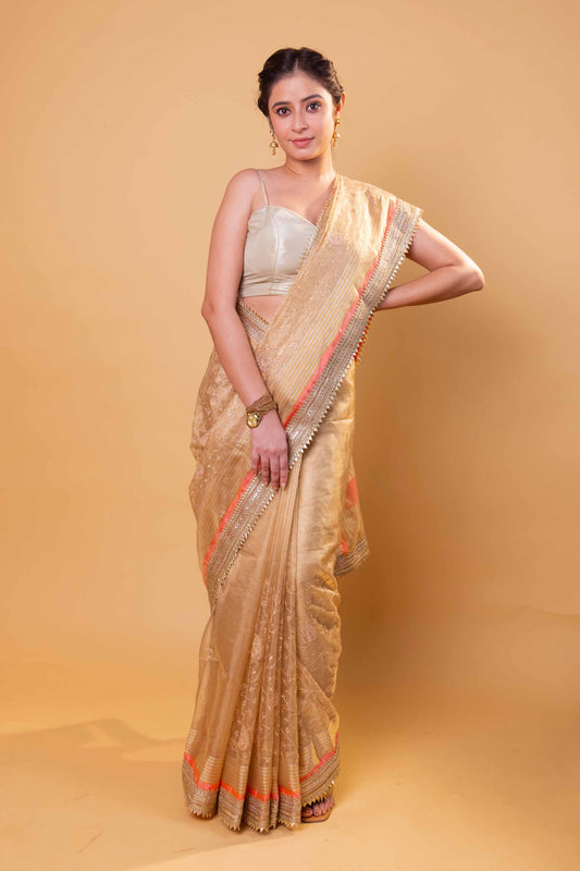 Beige Embroidered Tissue Silk Saree With Embroidery Lace