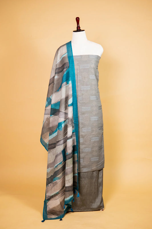 Ash Grey Linen Matka Embroidered Suit