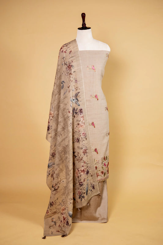 Beige Matka Linen Embroidered Suit