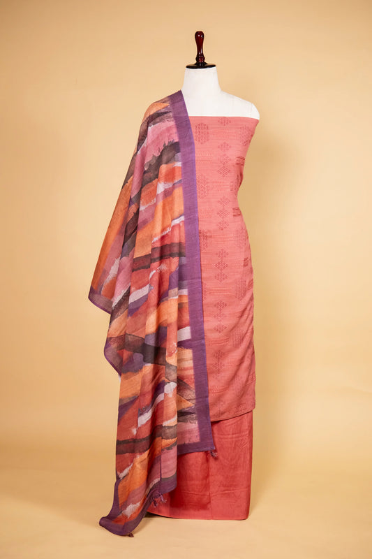 Brick Orange Matka Linen Embroidered Suit