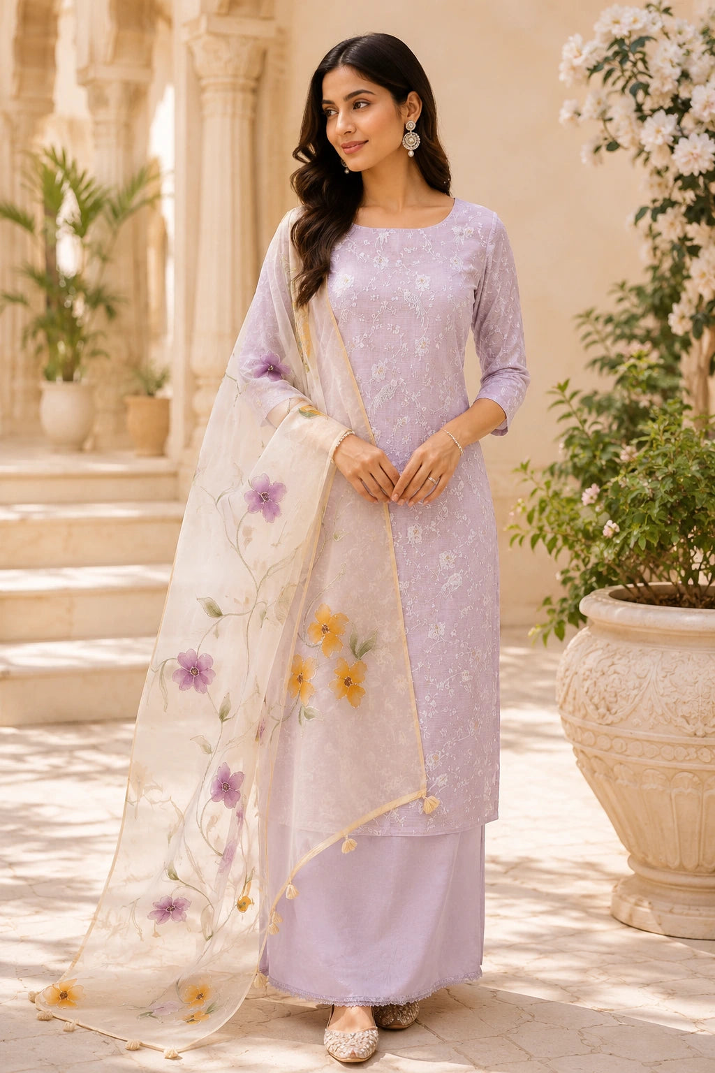 Light Lavender Embroidered Kota Check Suit