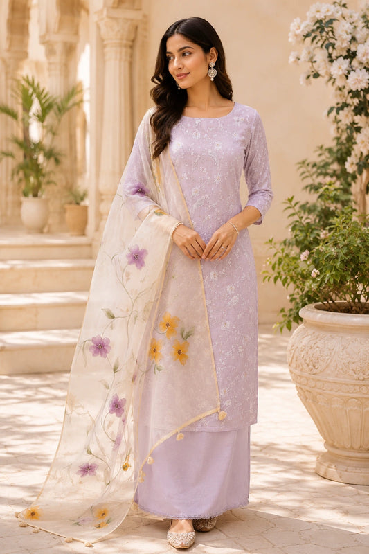 Light Lavender Embroidered Kota Check Suit