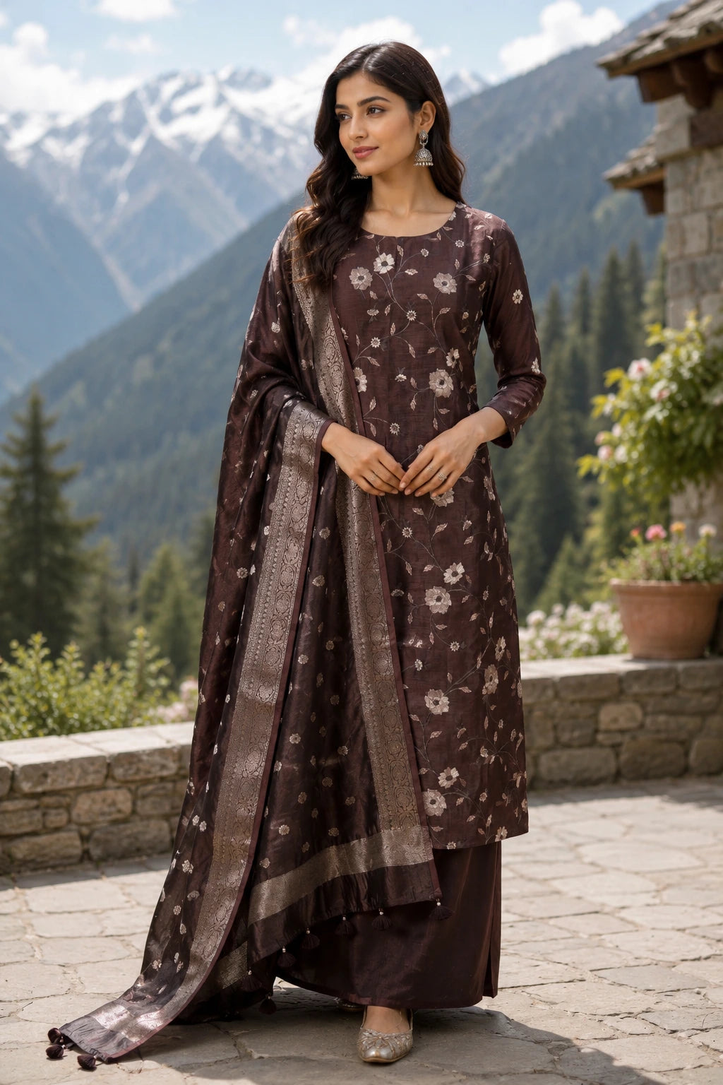 Coffee Brown Embroidered Puna Silk Suit