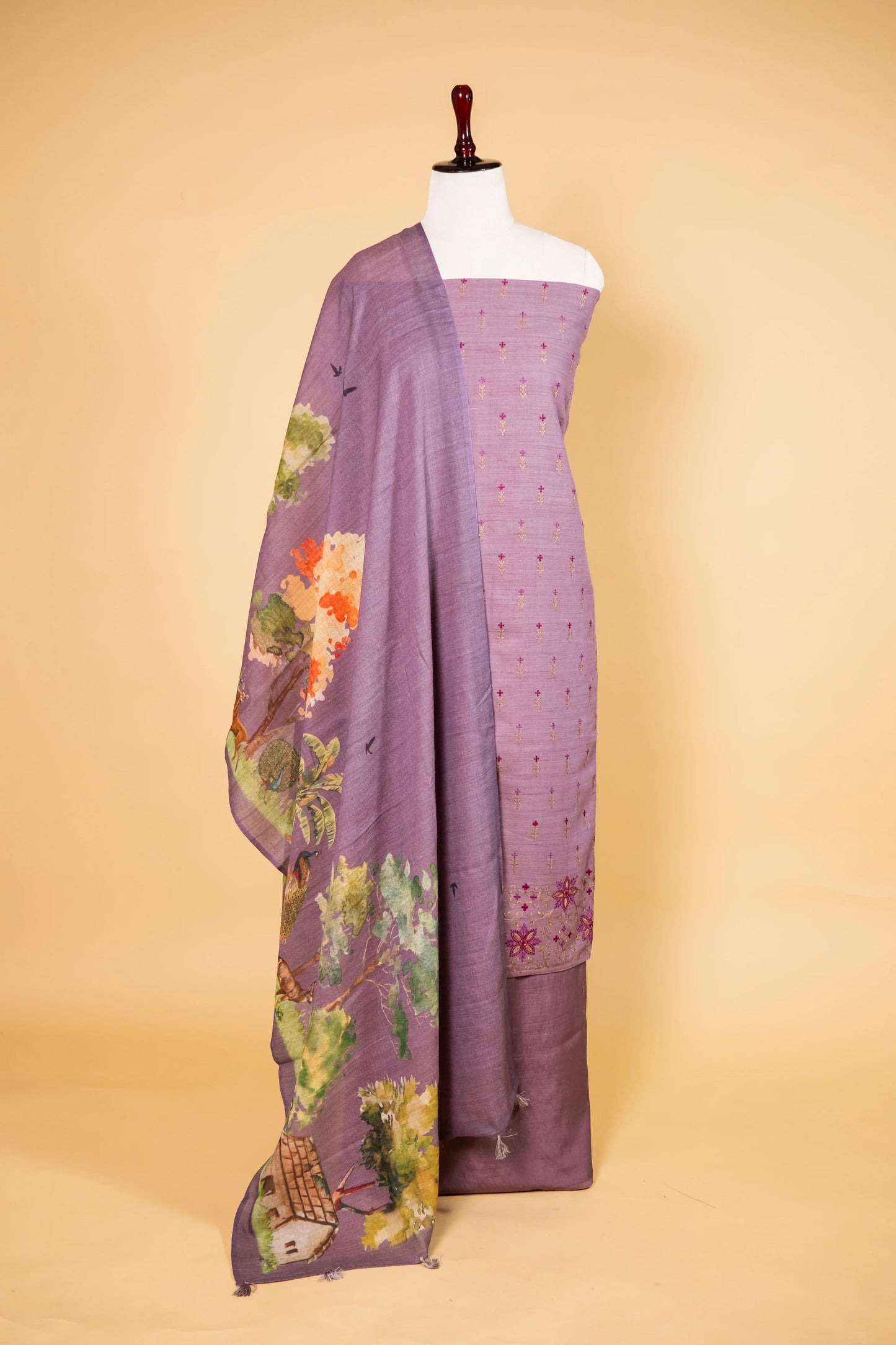 Purple Matka Linen Embroidered Suit