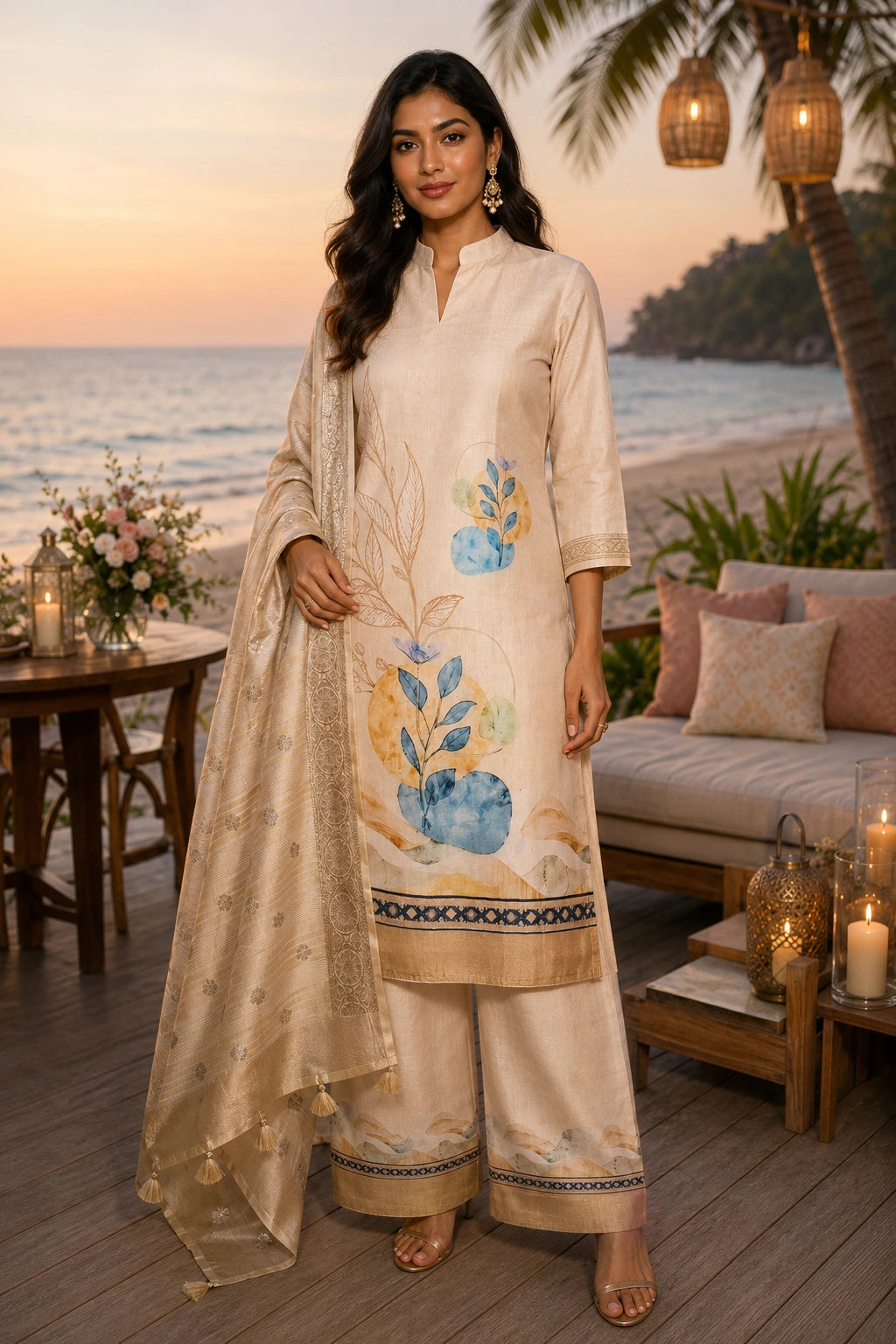 Cream Digital Print Puna Silk Suit