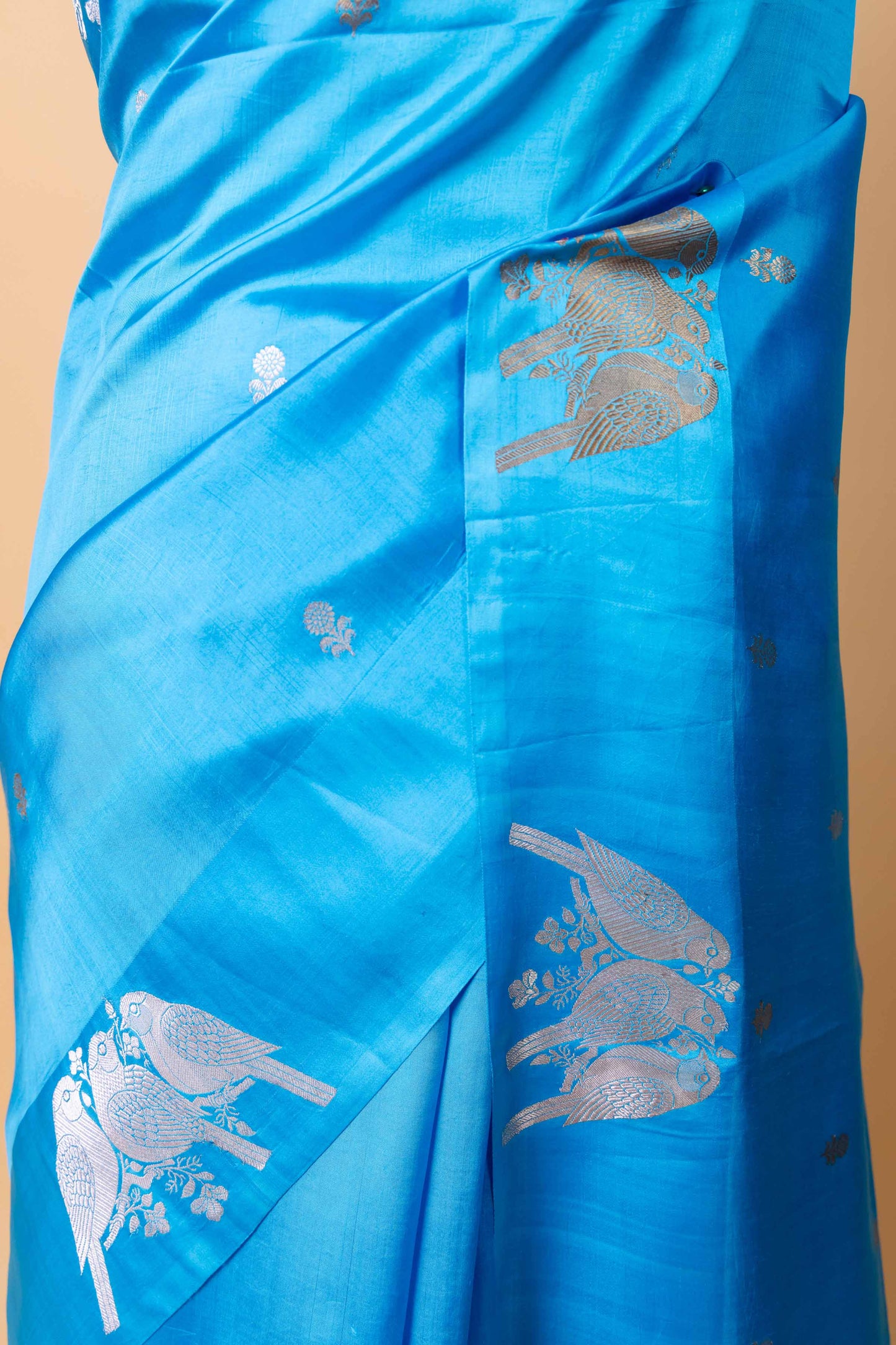 Electric Blue Bird Weaving Raw Mango Silk Saree