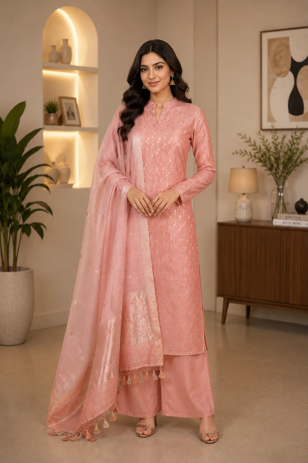 Peach Sona Rupa Weaving Puna Silk Suit