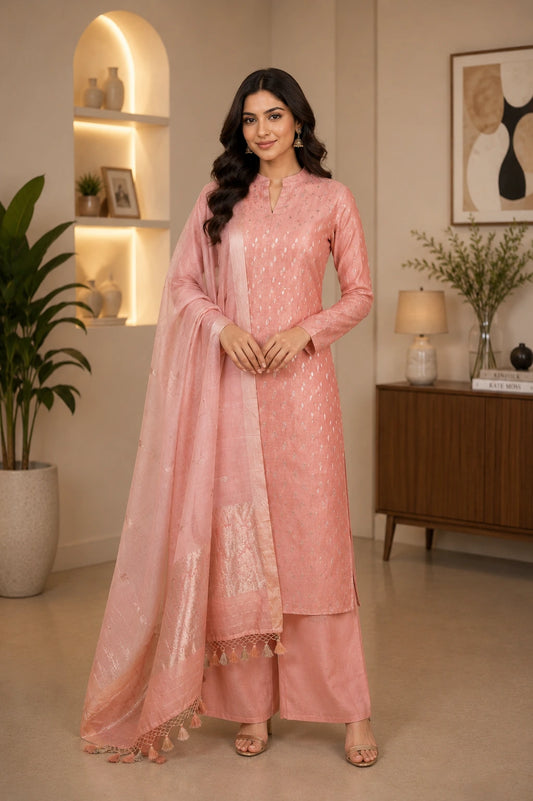 Peach Sona Rupa Weaving Puna Silk Suit