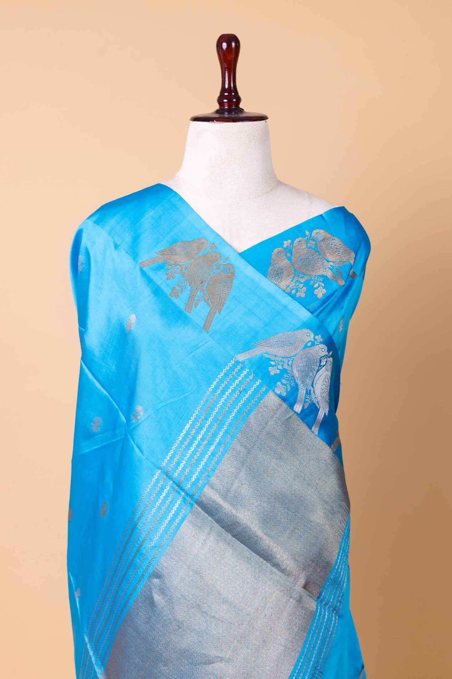 Electric Blue Bird Weaving Raw Mango Silk Saree