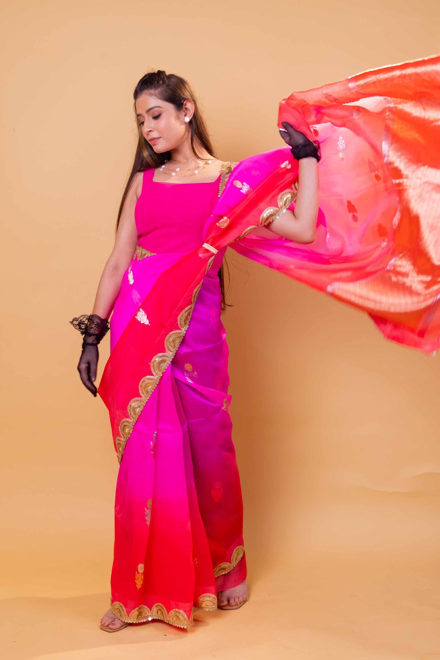 Pink & Peach Shaded Kadhua Organza Silk Saree With Embellished Border