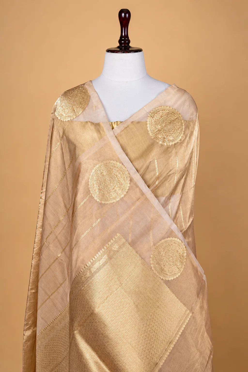 Beige Striped Handloom Tissue Silk Saree