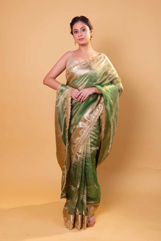 Pista Green Embellished Lace Pure Soft Tissue Silk Saree