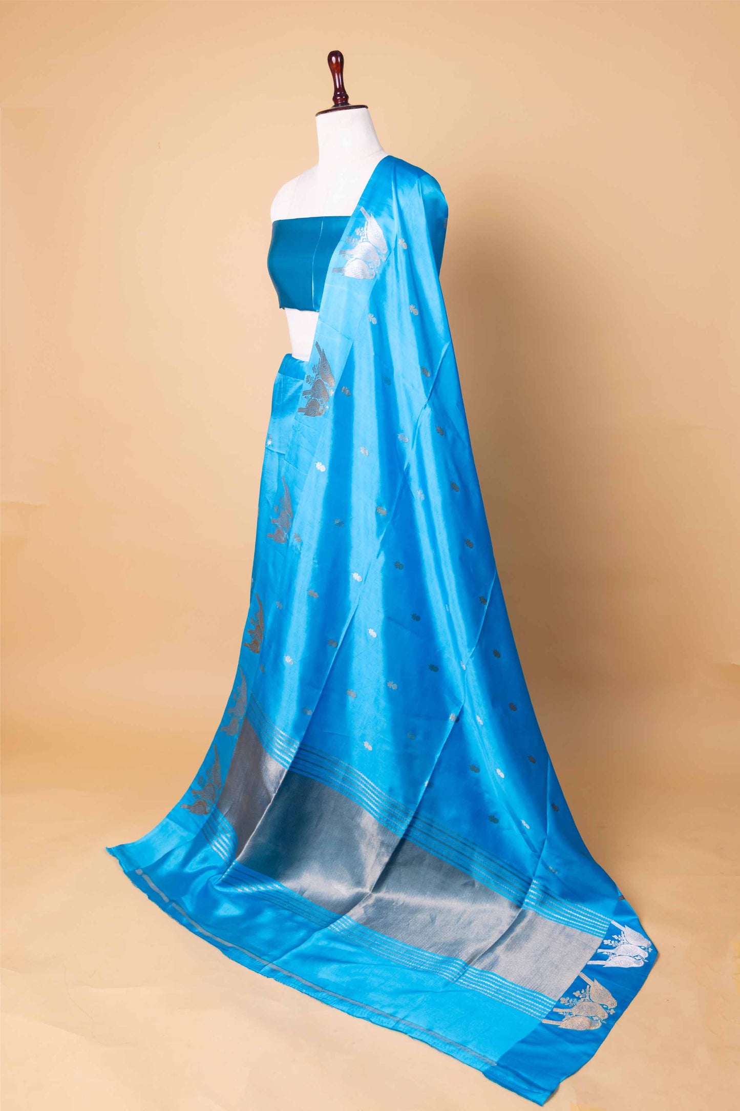 Electric Blue Bird Weaving Raw Mango Silk Saree