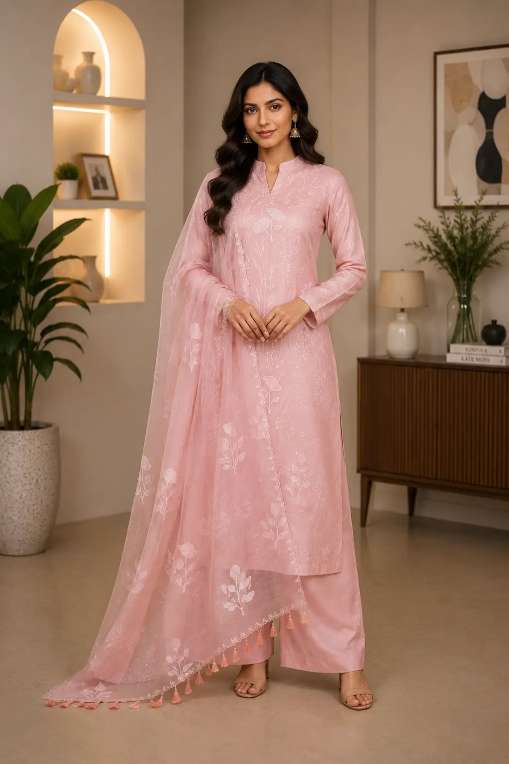 Light Pink Embroidered Organza Suit