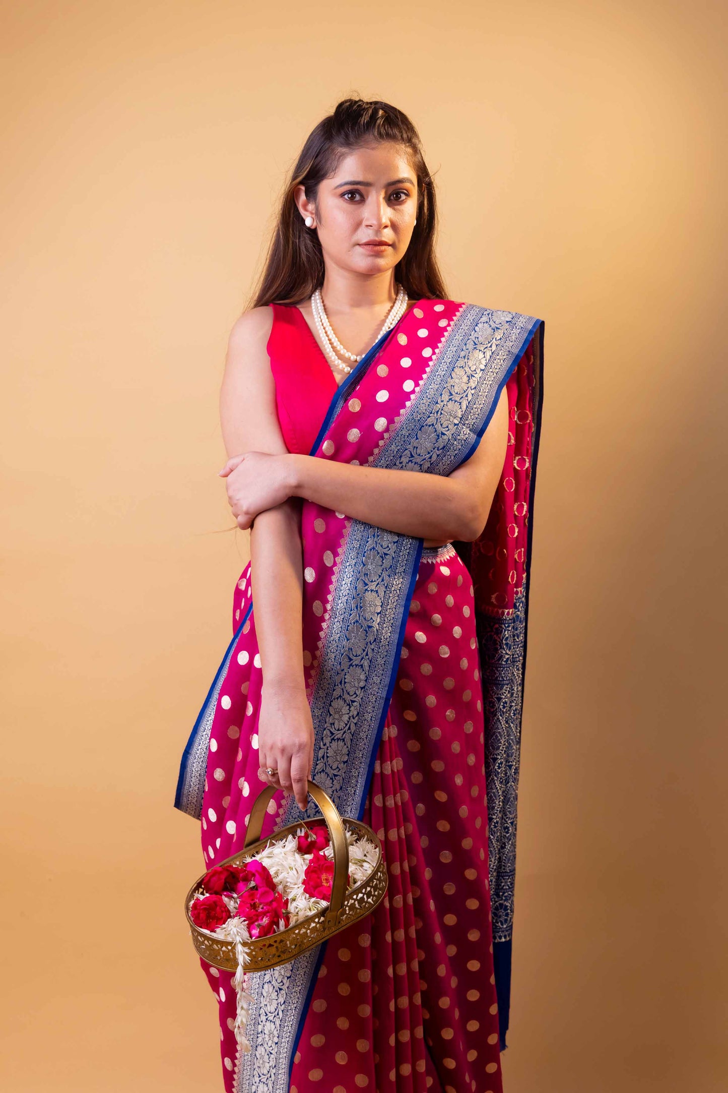 Pink & Blue Polka Dot Munga Khaddi Georgette Silk Saree