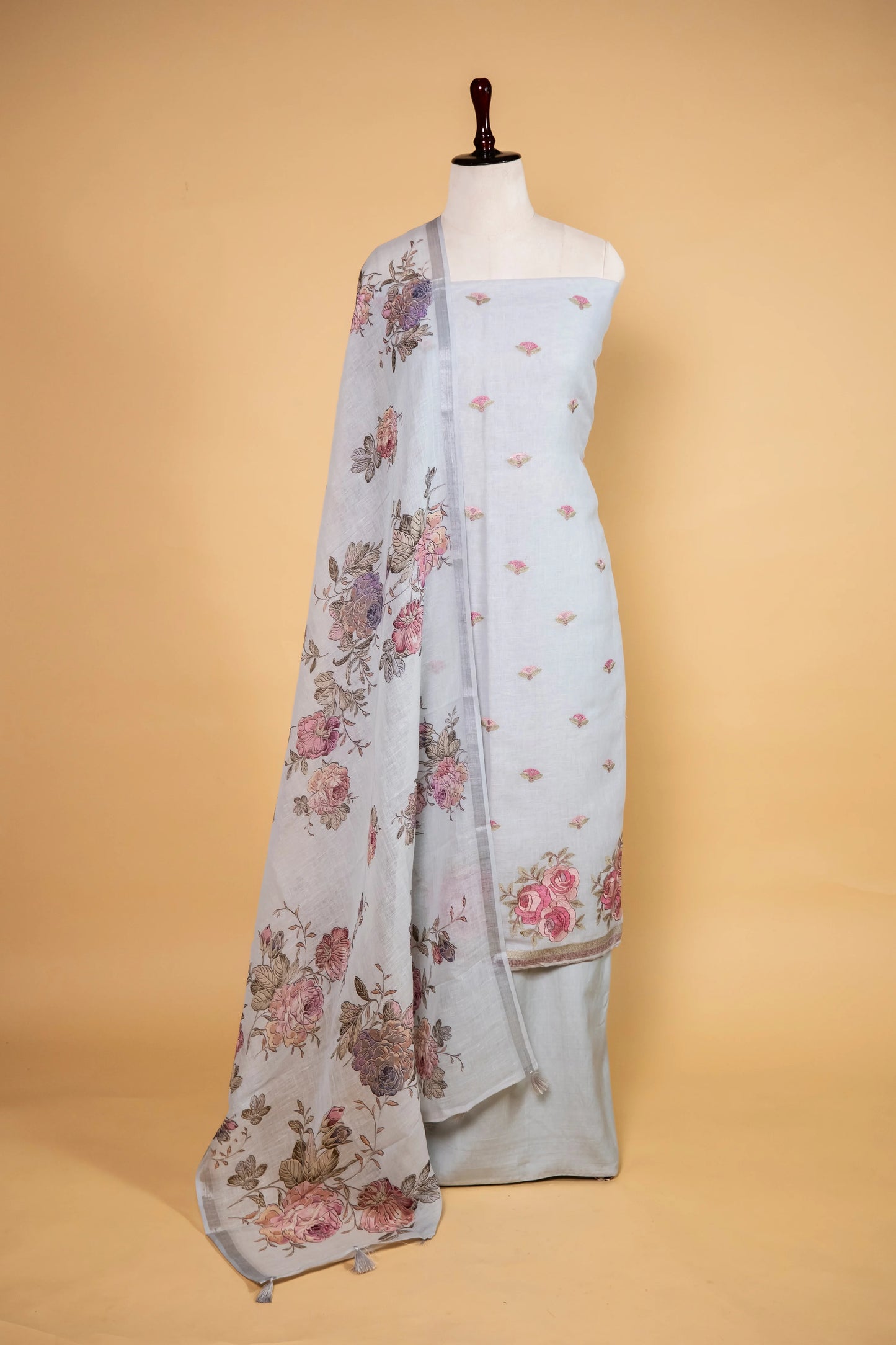 Light Blue Pure Linen Embroidered Suit